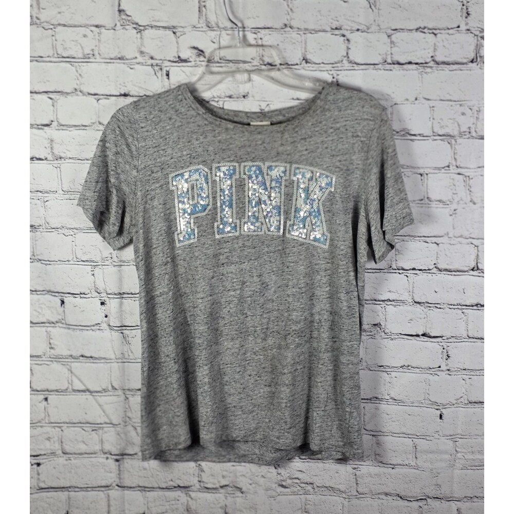 Victoria Secret Large Gray W/ Iridescent White Sequins "Pink" T-Shirt